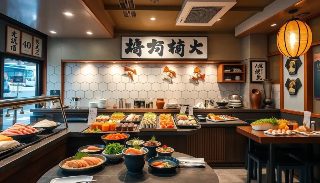 Generate an image of a sushi restaurant in Shinagawa with a variety of sushi dishes.