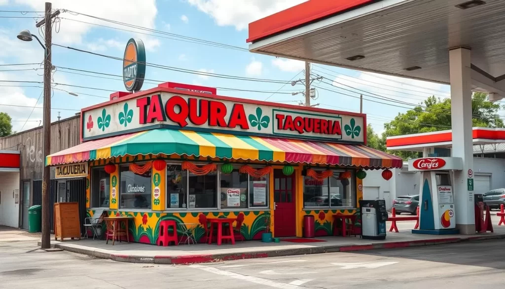 Generate an image of a taqueria situated next to a gas station, with a vibrant and colorful exterior that belies its humble surroundings.