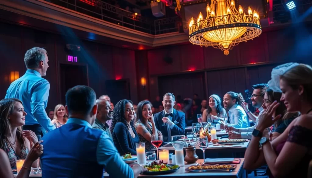 Generate an image of a theatrical dining experience in Chicago, featuring a stage with performers and diners enjoying their meal.