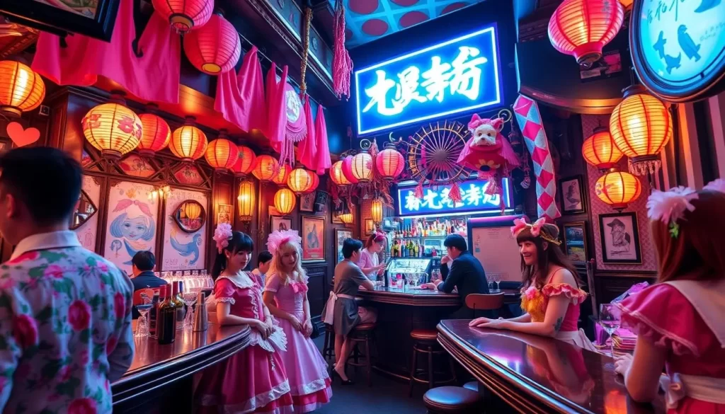 Generate an image of a themed bar in Shinjuku with costumed staff.