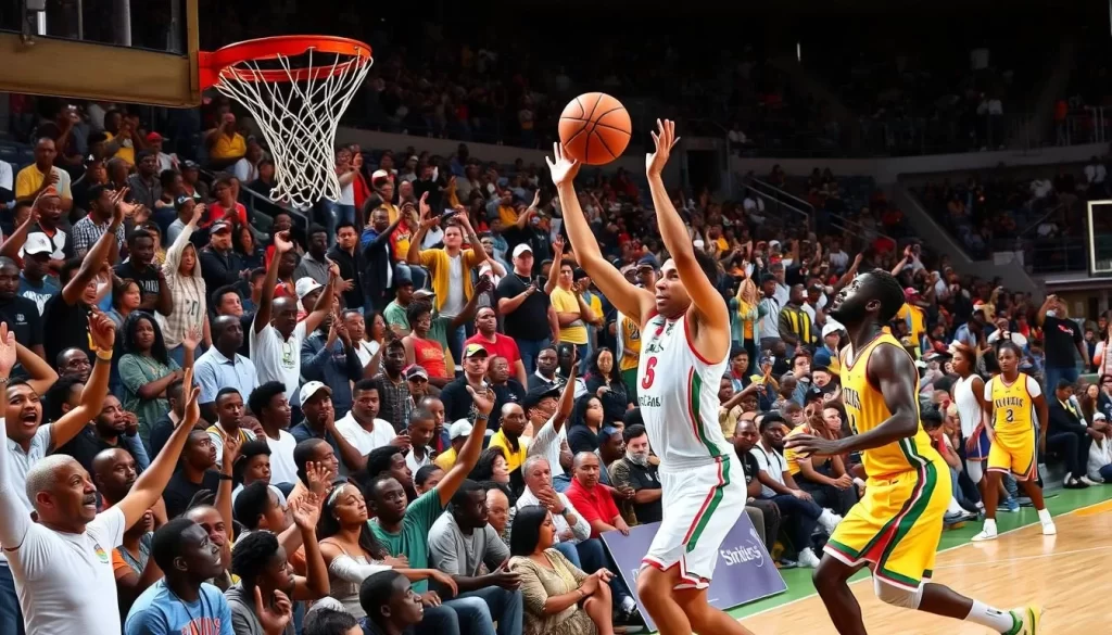 Generate an image of a thrilling Basketball Africa League Finals match in Kigali, highlighting the energy of the crowd.