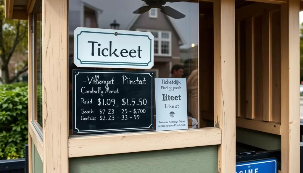 Generate an image of a ticket booth at Kinderdijk with a sign indicating ticket prices.