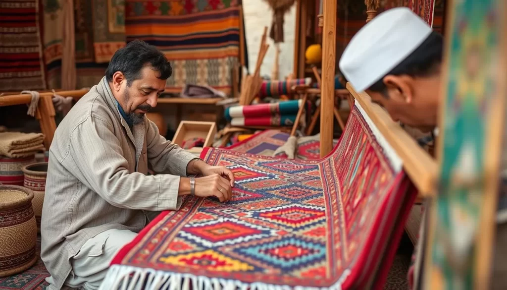 Generate an image of a traditional Algerian carpet with vibrant geometric patterns being woven by a local artisan at the Ghardaïa Carpet Festival.