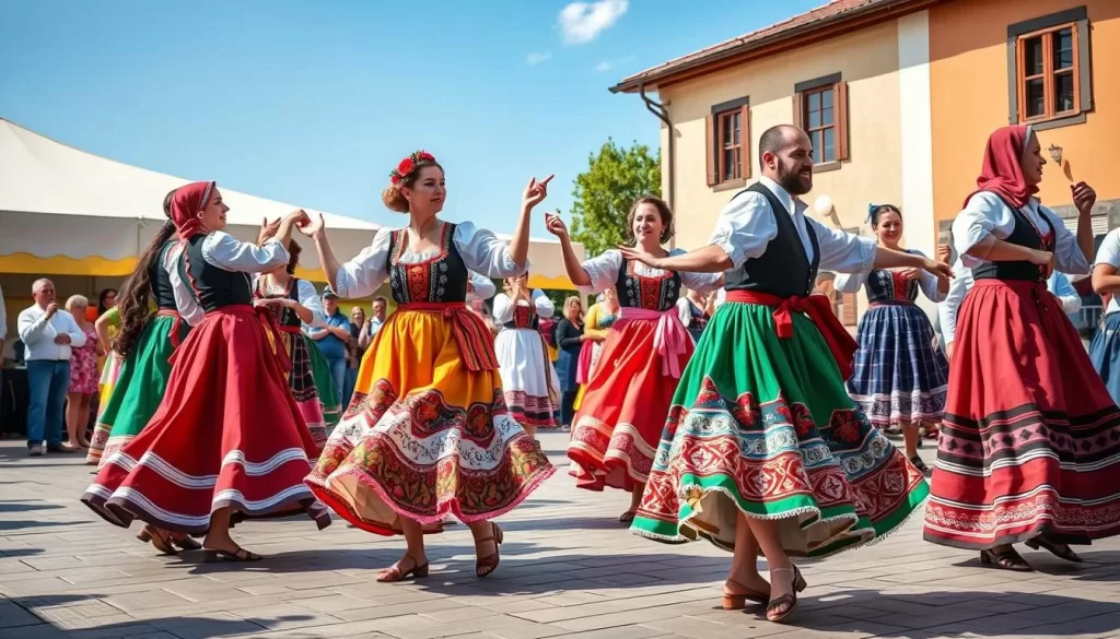 Generate an image of a traditional Balkan folk dance performance, with dancers wearing colorful costumes and performing in a lively and energetic manner.