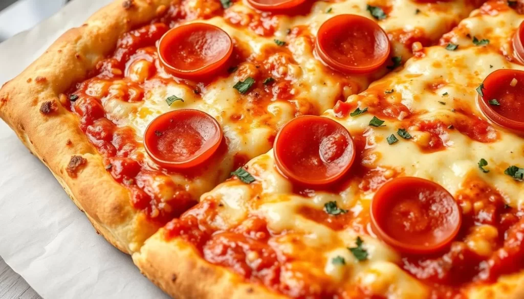 Generate an image of a traditional Detroit-style pizza with a square shape and crispy crust.