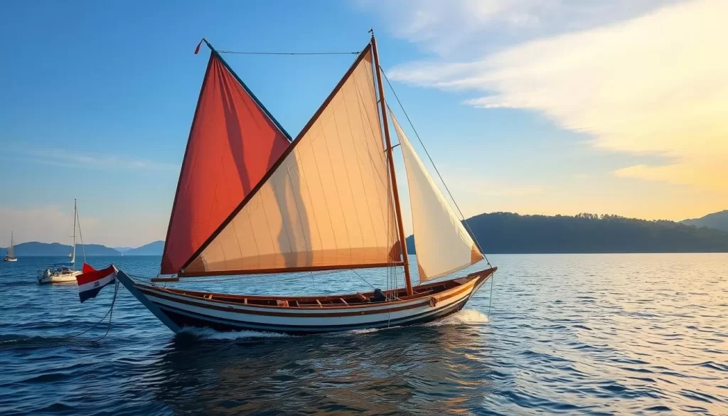 Generate an image of a traditional Hobikibune fishing boat sailing on Lake Kasumigaura with its large sail billowing.