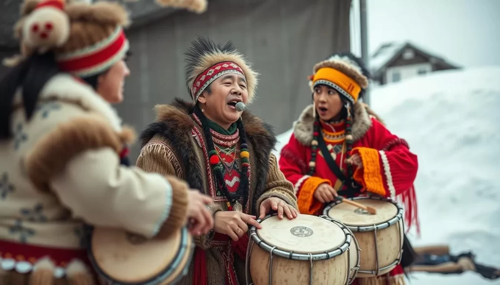 Generate an image of a traditional Inuit performance, such as throat singing or drum dancing.