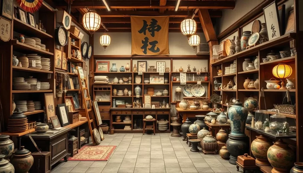 Generate an image of a traditional Japanese antique shop in Nishi-Ogikubo, with a mix of old and new items on display.