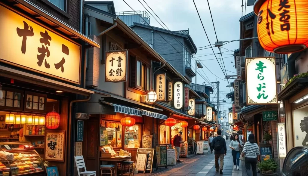 Generate an image of a traditional Japanese shopping street with old-fashioned storefronts and a nostalgic atmosphere.