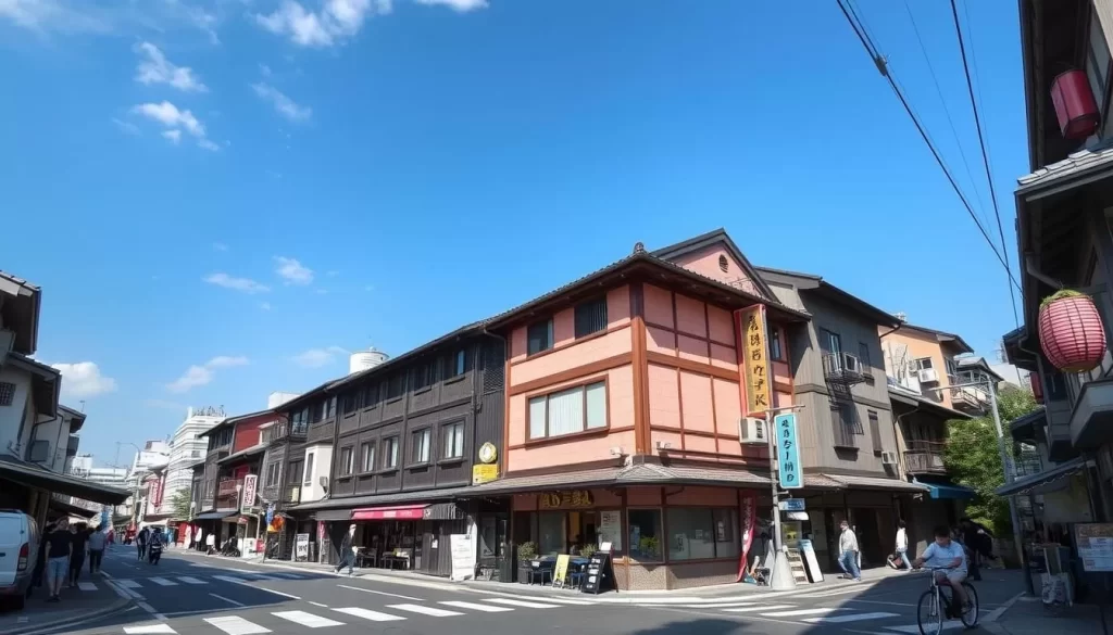 Generate an image of a traditional Japanese street in Chūō-ku, Tokyo, with a mix of old and new architecture.