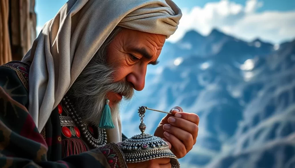 Generate an image of a traditional Kabyle jeweler creating intricate silver jewelry adorned with coral and enamel, set against the backdrop of the Djurdjura mountain range.