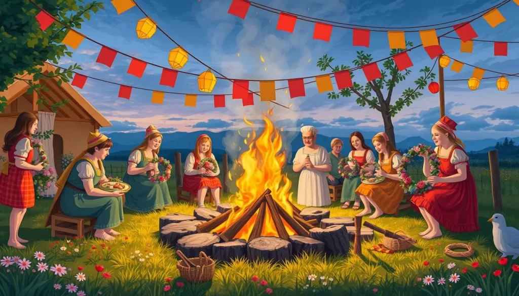Generate an image of a traditional Latvian Midsummer Festival (Jāņi) celebration with people gathered around a bonfire, making wreaths, and enjoying traditional food.