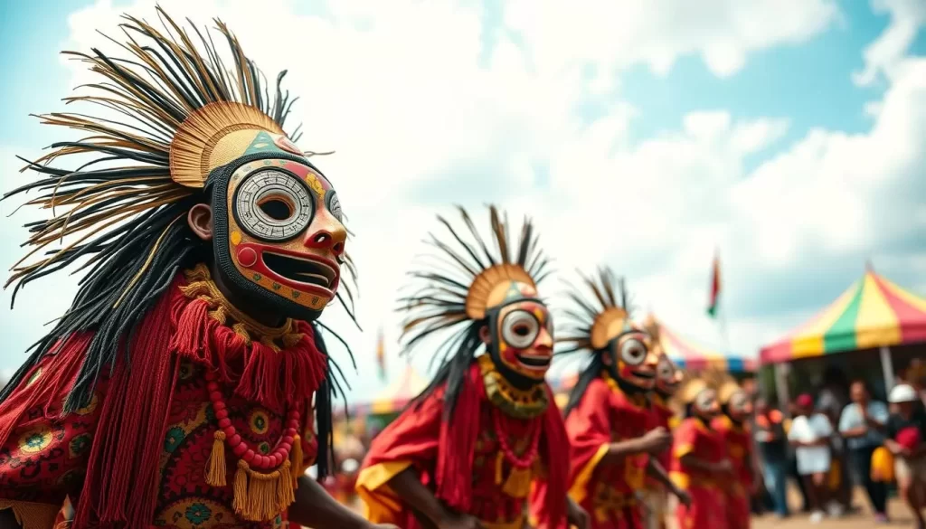 Generate an image of a traditional Liberian mask performance at the Poro Society Festival.