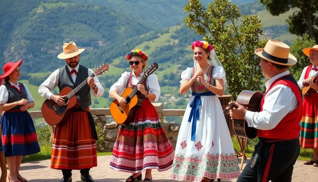 Generate an image of a traditional Macedonian wedding scene with folk dancers and musicians.