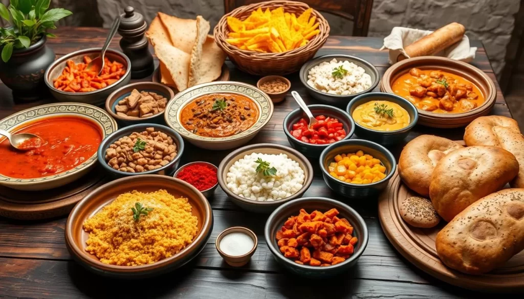 Generate an image of a traditional Middle Eastern meal setting with a variety of dishes and freshly baked bread.