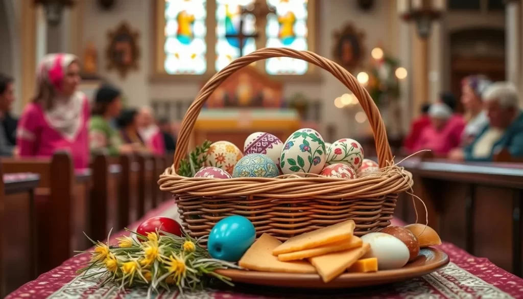 Generate an image of a traditional Polish Easter basket being blessed at a church, with decorated eggs and food.