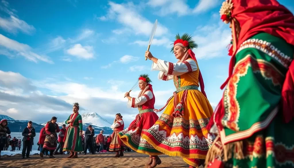 Generate an image of a traditional Sami performance at Riddu Riđđu.