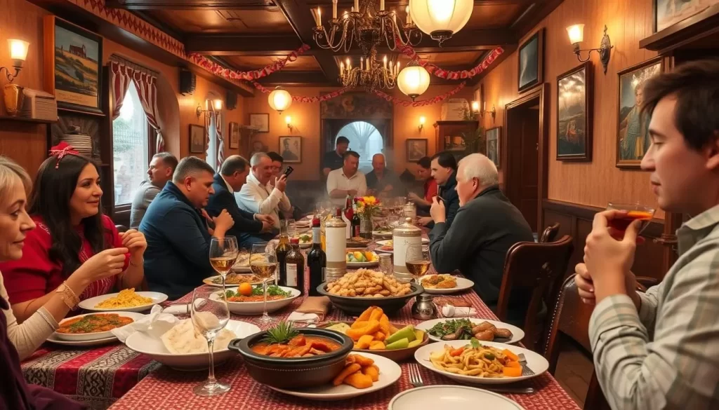 Generate an image of a traditional Serbian kafana, with a lively atmosphere, folk music, and a variety of local dishes on the tables.