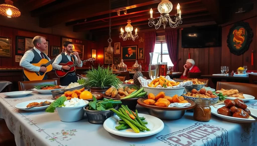 Generate an image of a traditional Serbian kafana with live folk music and a variety of local dishes.