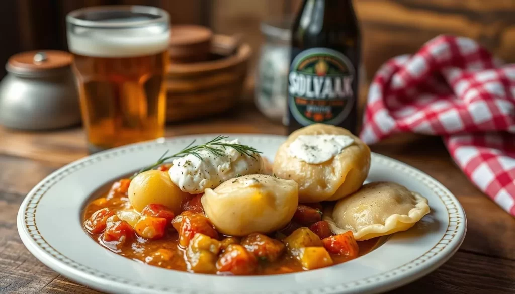 Generate an image of a traditional Slovak dish, such as "halusky" (potato dumplings with sheep cheese) or "pierogi" (filled dumplings), served with a local craft beer.
