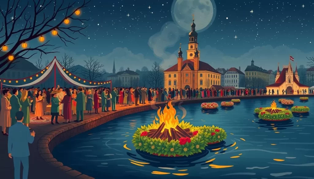 Generate an image of a traditional Wianki Festival celebration in Krakow, Poland, with people gathered around a bonfire and floating wreaths on the Vistula River.