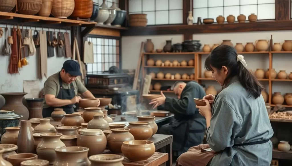 Generate an image of a traditional craft workshop in Kunitachi, showing artisans engaged in Hyuga-yaki pottery and other local crafts.