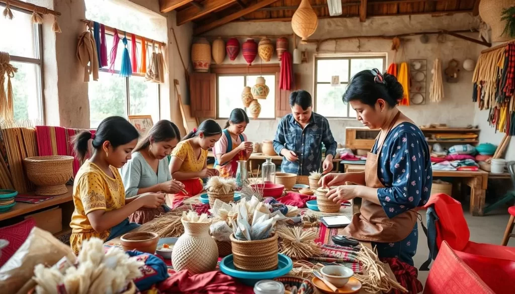 Generate an image of a traditional craft workshop where visitors are actively engaged in creating their own crafts under the guidance of local artisans.