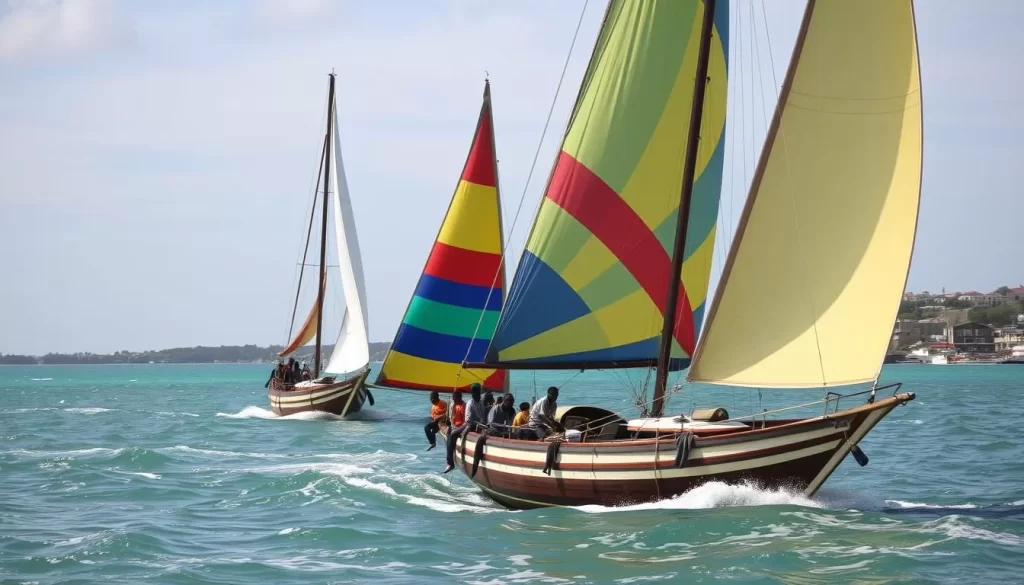 Generate an image of a traditional dhow race during the Lamu Cultural Festival