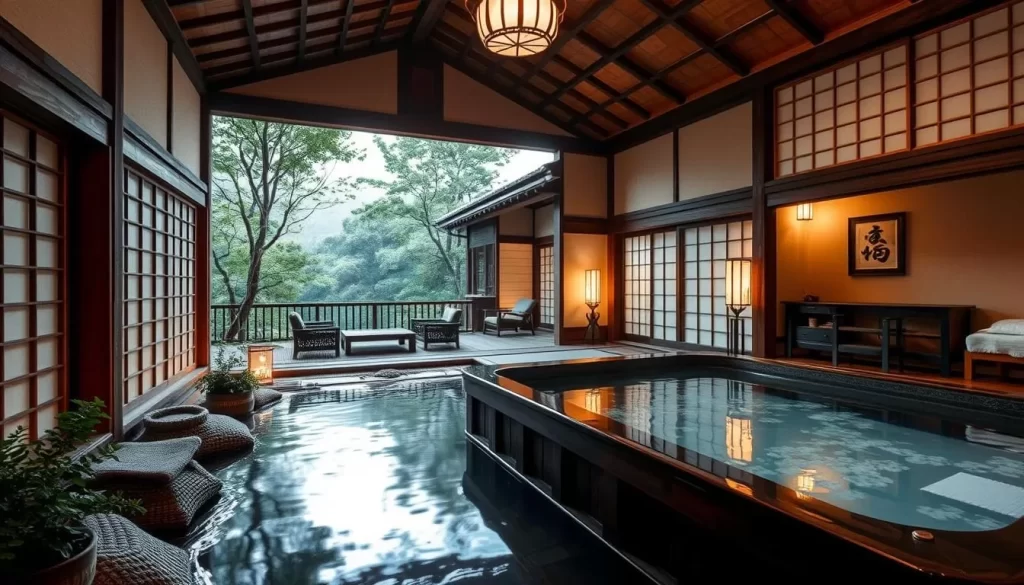 Generate an image of a traditional ryokan in Kōfu City with tatami rooms and a communal hot spring bath.