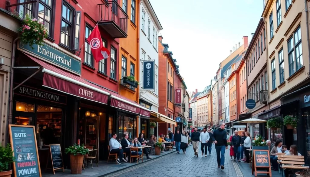 Generate an image of a trendy street in Södermalm, Stockholm, with unique shops and coffee places.