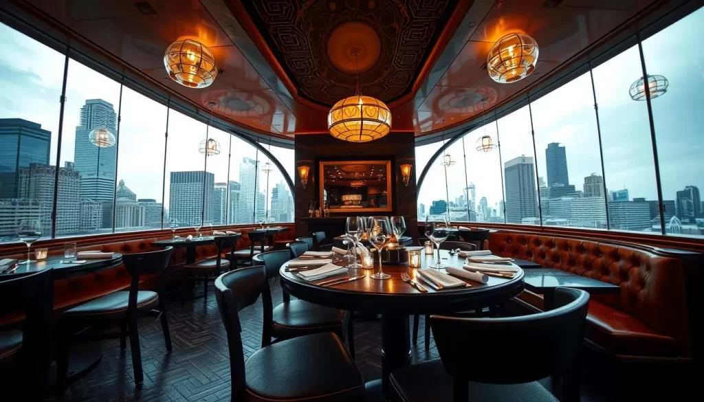 Generate an image of a unique dining experience in Chicago with an unusual view.