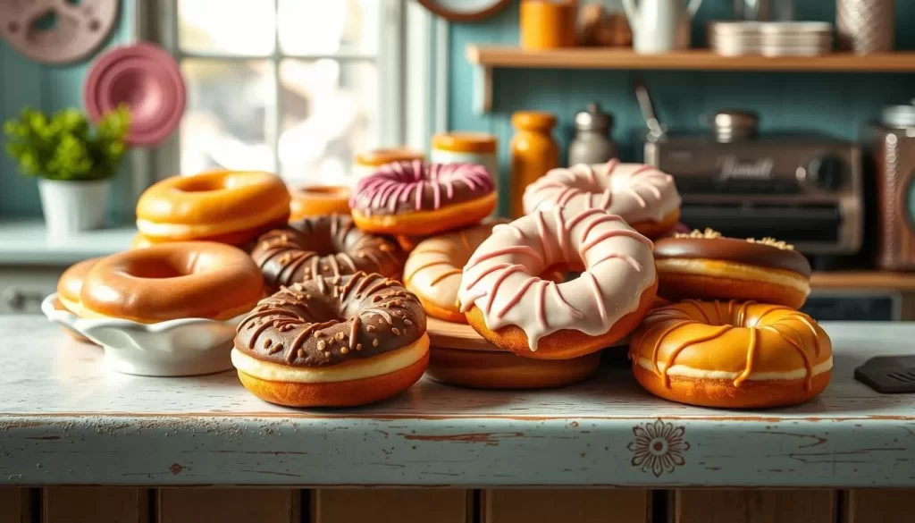 Generate an image of a variety of doughnuts displayed on a vintage-style counter.
