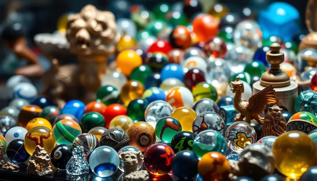 Generate an image of a vast collection of marbles and rare collectibles on display.