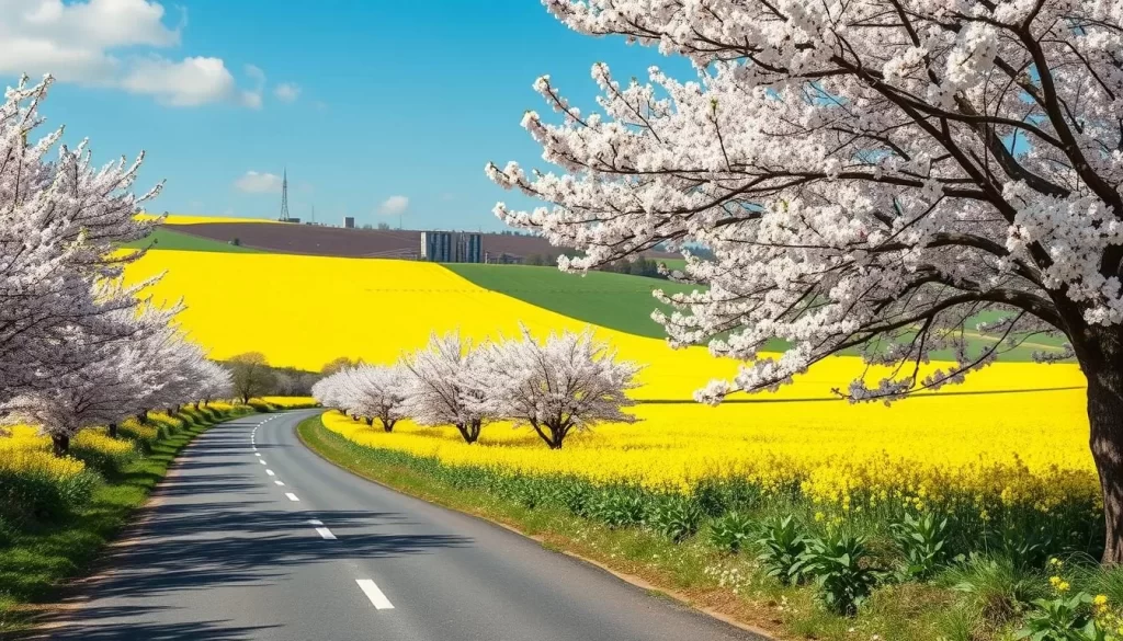 Generate an image of a vibrant 1.3-kilometer stretch of cherry-blossom-lined road near Maebashi in mid-April, with fields of bright yellow rapeseed flowers in the background.