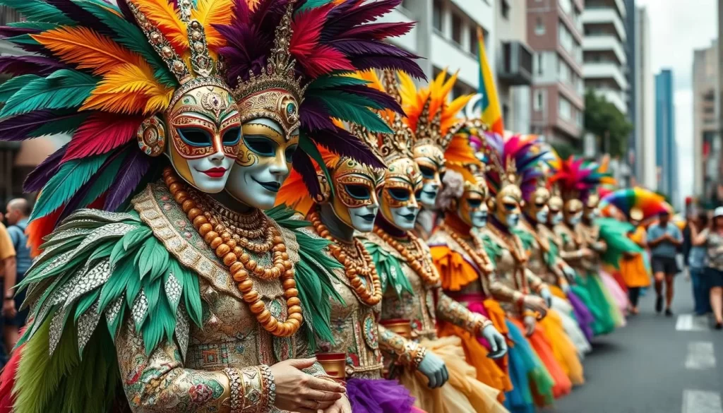 Generate an image of a vibrant Carnival parade in Panama, with people in elaborate costumes and masks.