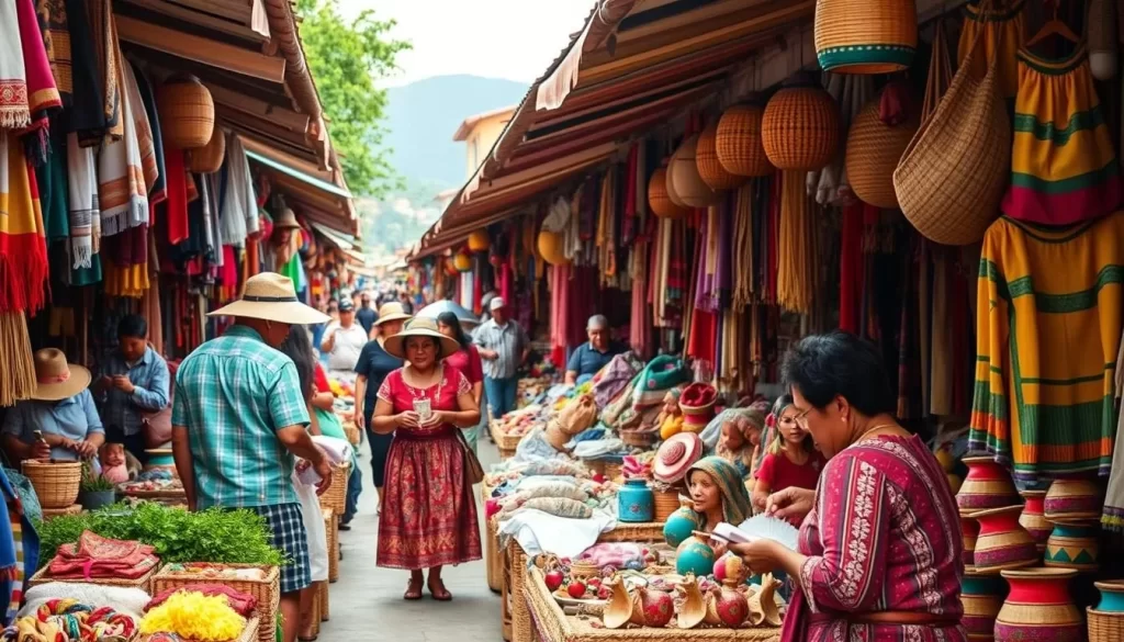Generate an image of a vibrant Chichicastenango Market scene with locals selling handicrafts and textiles.