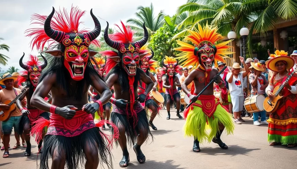 Generate an image of a vibrant Diablos and Congos Festival celebration in Panama, showcasing devil dancers and traditional music ensembles.