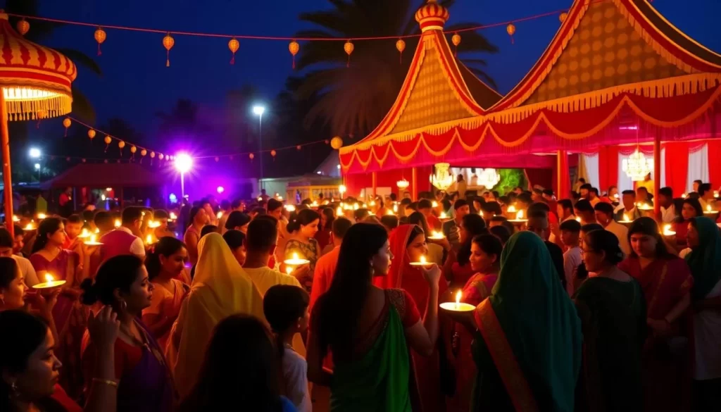 Generate an image of a vibrant Dipavali celebration on Reunion Island, with diyas lit and people enjoying cultural performances.