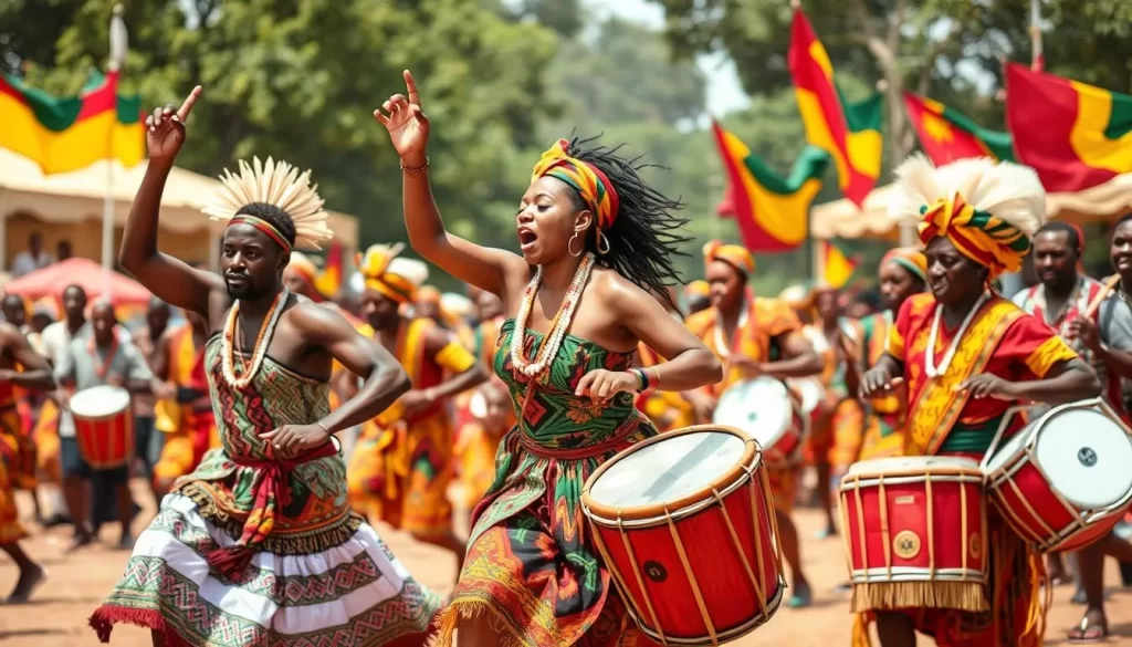 Generate an image of a vibrant Kente Festival scene with dancers and drummers dressed in traditional Kente cloth.