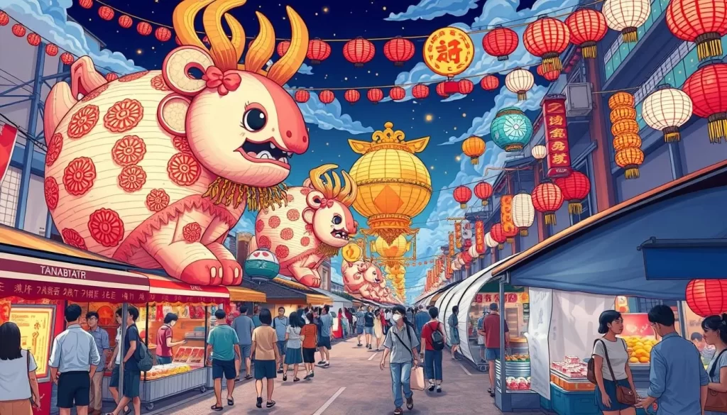 Generate an image of a vibrant Tanabata festival scene with giant papier-mâché floats, colorful decorations, and lively street food stalls.