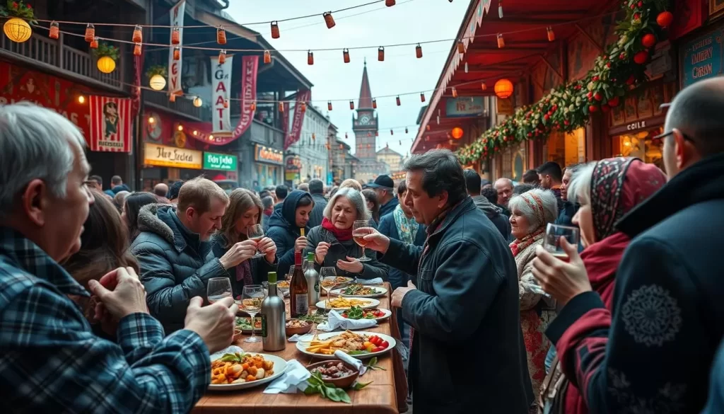 Generate an image of a vibrant Tbilisoba festival scene with people enjoying traditional Georgian food, wine, and cultural performances.