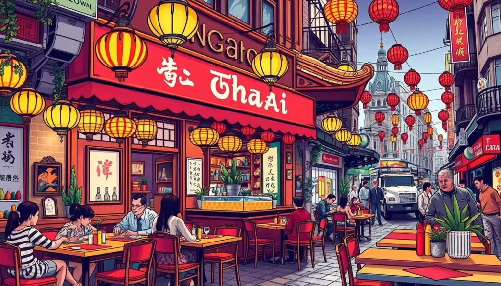 Generate an image of a vibrant Thai restaurant in London's Chinatown, with bright colors and lively atmosphere.