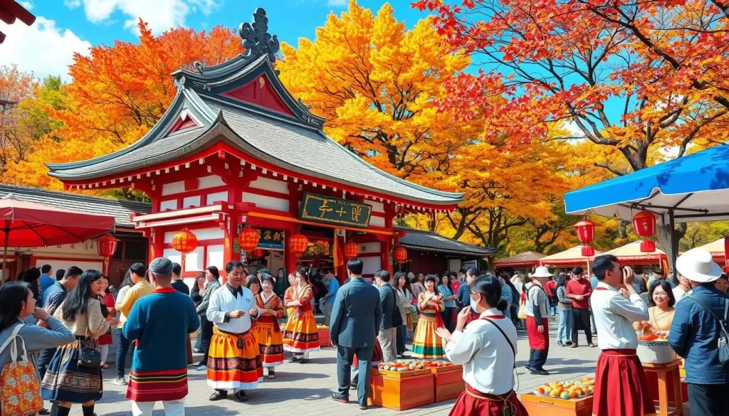 Generate an image of a vibrant autumn festival in Kumamoto, Japan, with people participating in traditional dances and enjoying seasonal foods.
