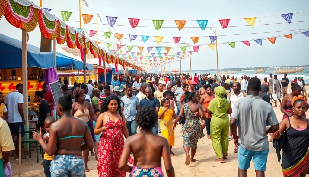 Generate an image of a vibrant beach festival in Djibouti City with people enjoying various activities.