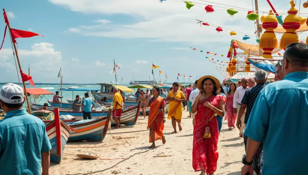 Generate an image of a vibrant beach festival with traditional boats and people celebrating maritime traditions.