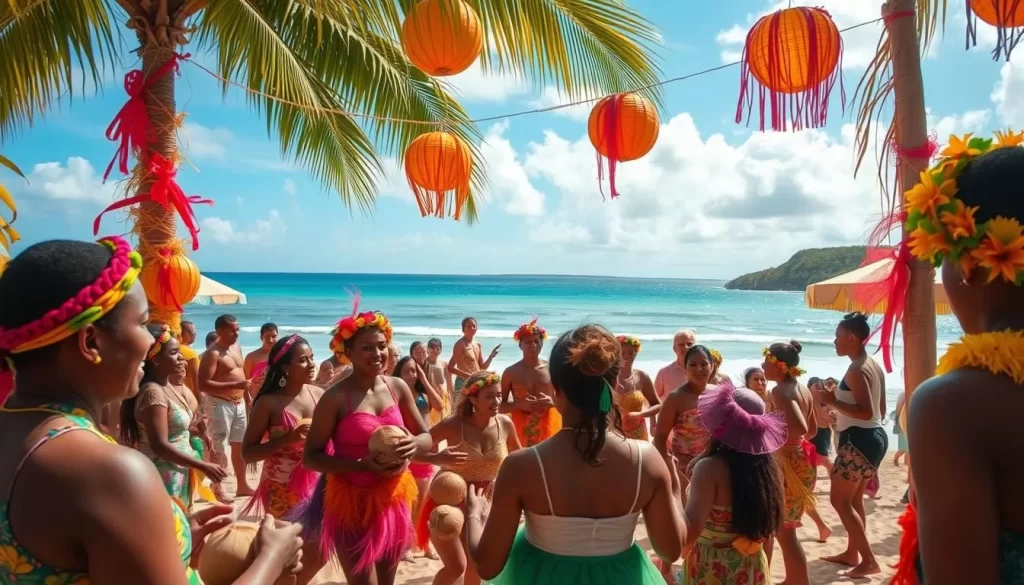 Generate an image of a vibrant coconut festival on a beautiful beach in Mayotte.