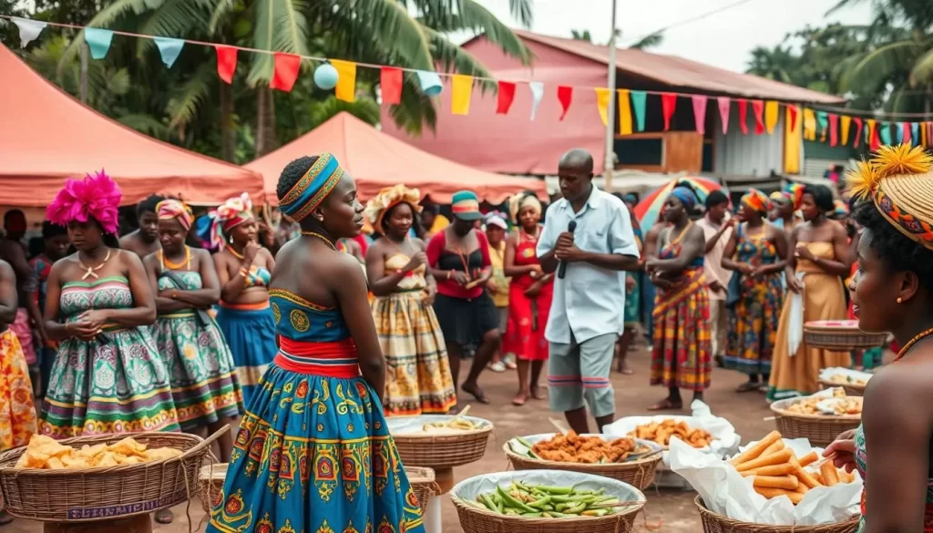 Generate an image of a vibrant cultural festival scene in Liberia, showcasing diverse traditional dances, music, and food.