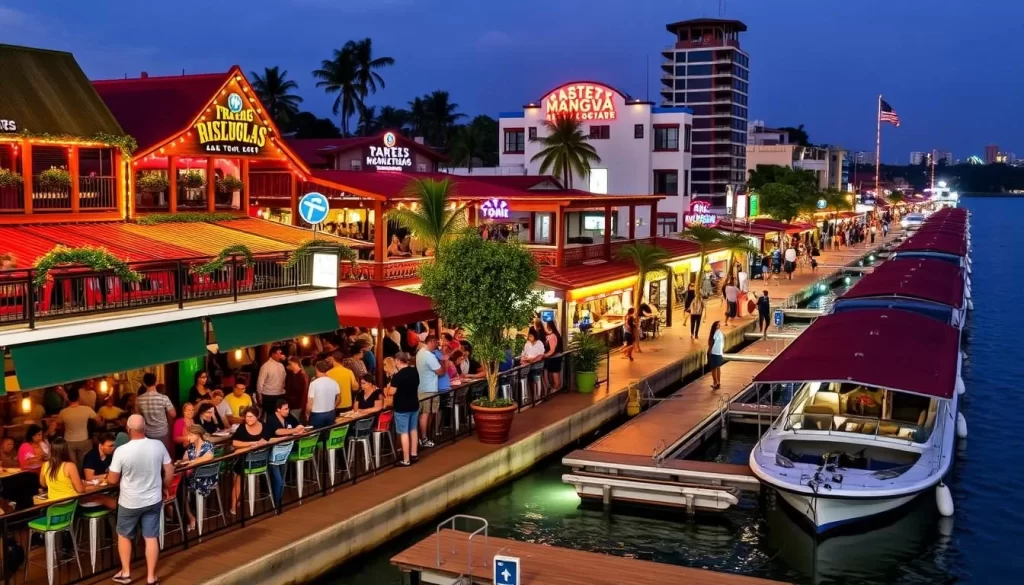 Generate an image of a vibrant entertainment district with restaurants, bars, and boat tours on Lake Managua.