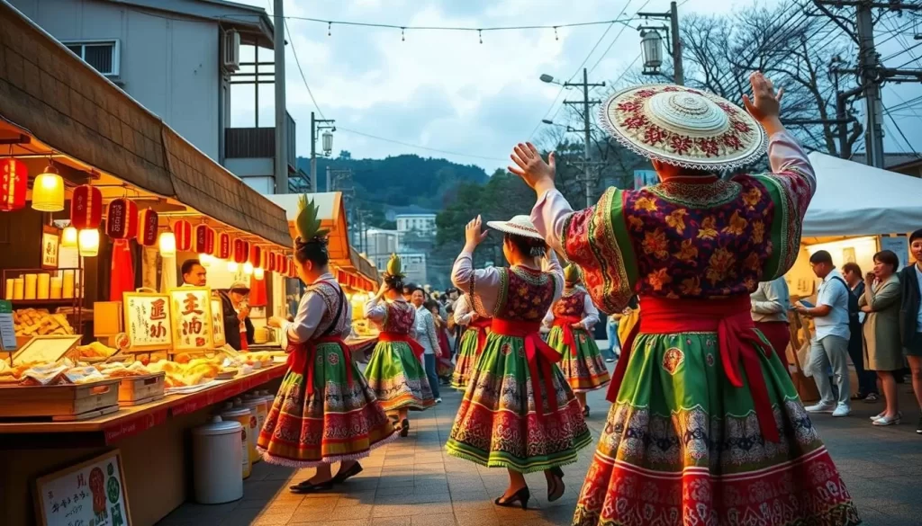Generate an image of a vibrant festival scene in Niigata Prefecture, showcasing traditional dances and local food stalls.