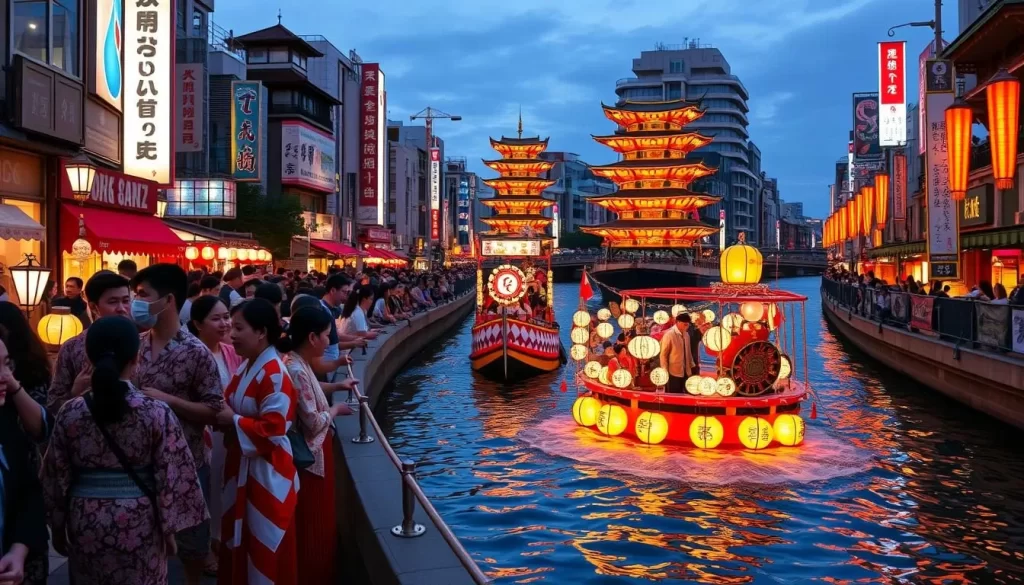 Generate an image of a vibrant festival scene in Osaka during Tenjin Matsuri, with people in traditional clothing and illuminated boats on the river.